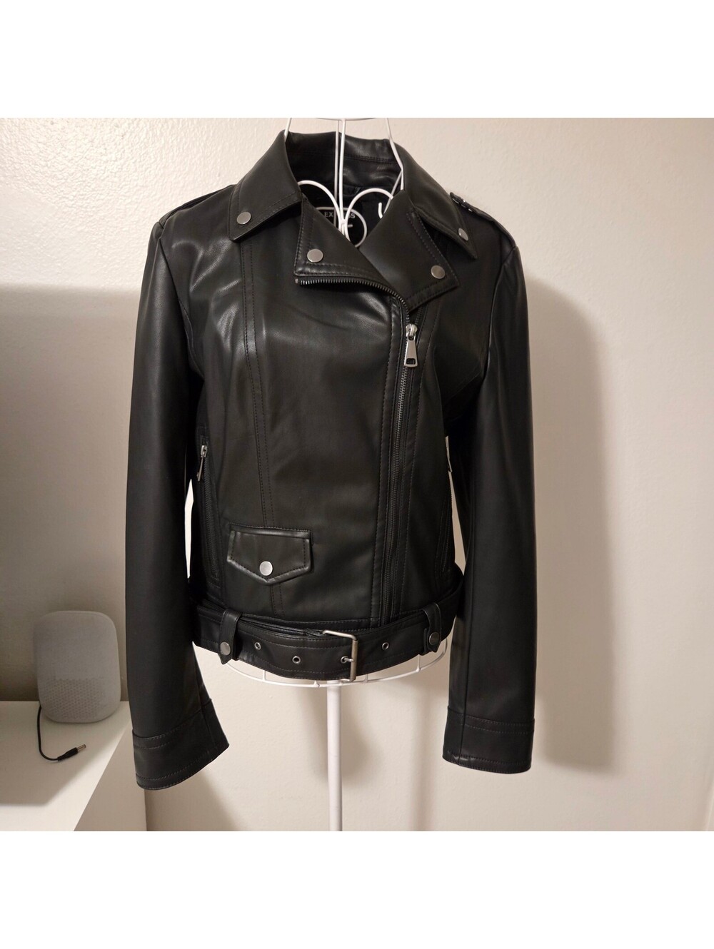 Express Black Faux Leather Moto Jacket with Belt and Zipper Details